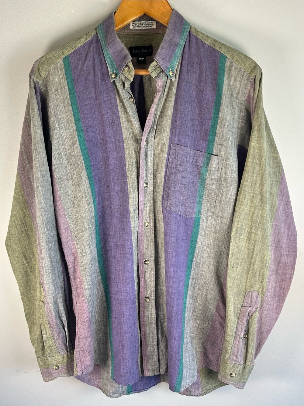 Vintage Harry Rosen Mens Button Down Shirt Sz M Hand Woven Madras Linen Stripes